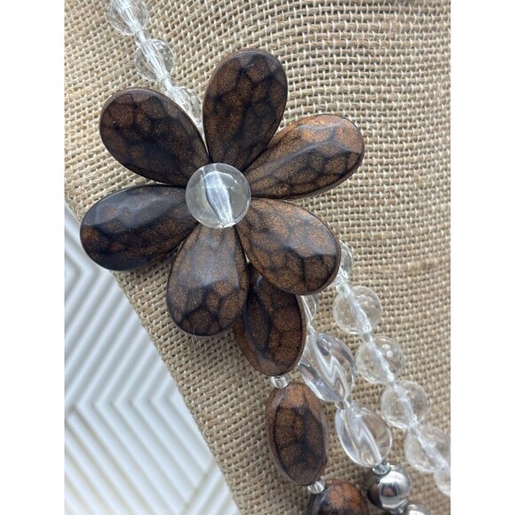 Silver Tone & Brown Bead Collar Statement Necklace Multi Strand Flower Boho - Picture 6 of 10